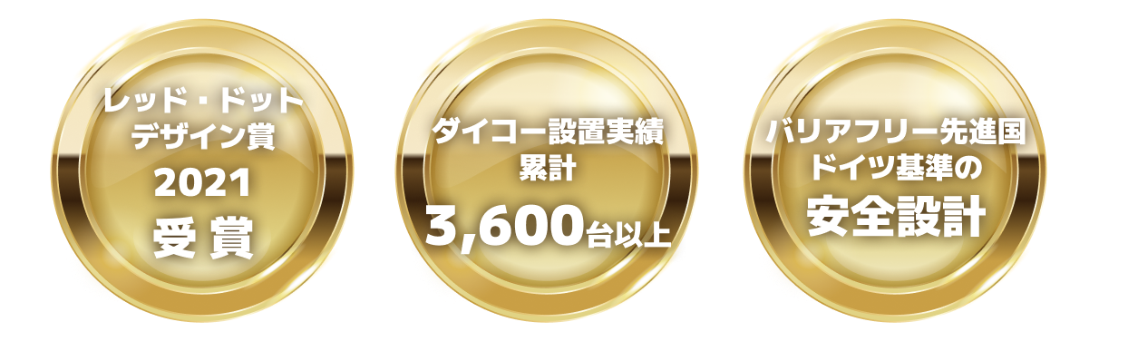 3つのゴールドメダル。左：レッド・ドット・デザイン賞2021受賞。中央：ダイコーの実績、累計3,600台以上設置。右：バリアフリー先進国ドイツ基準の安全設計。